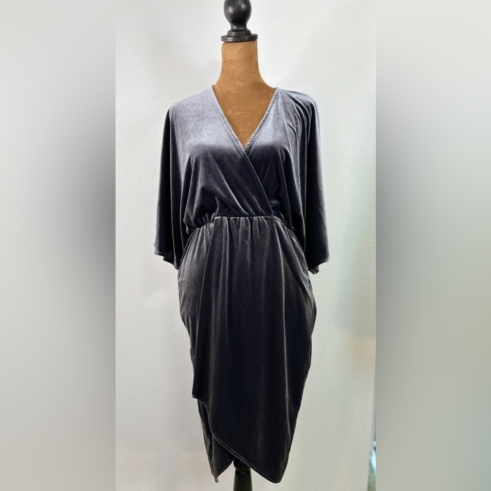 ASOS Velvet Wrap Midi Dress US 6 Charcoal Batwing Sleeve Tulip Hem